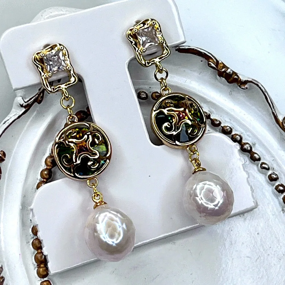 Handmade Freshwater Carved Edison Pearl Crystal S925 SS Posts Earrings - Picture 3 of 3